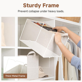 StorageWorks beige bins on shelves in a versatile closet storage setup