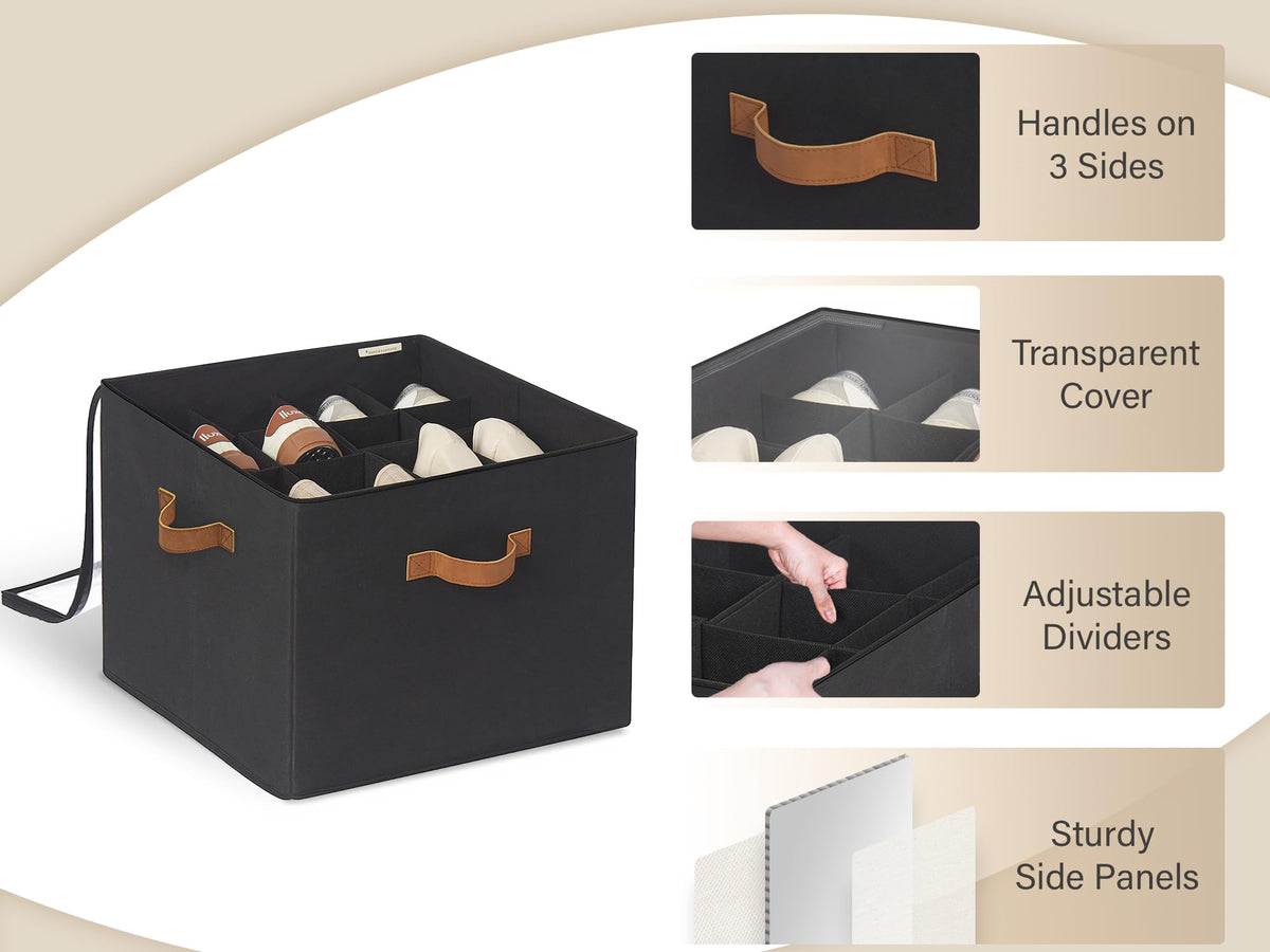 StorageWorks shoe organizer measures 17x17x12.5 inches and fits up to sixteen pairs.