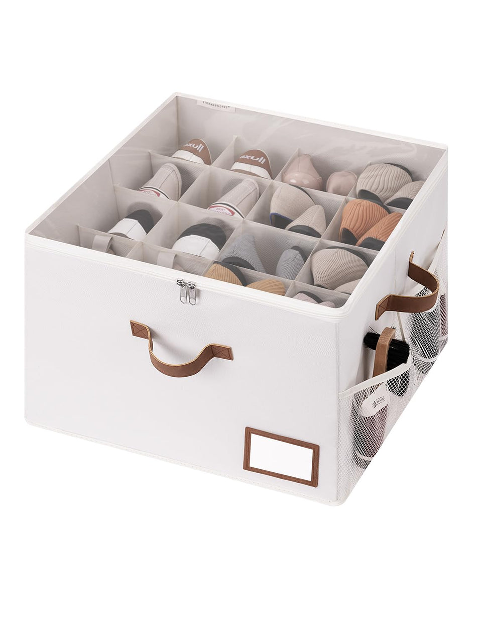 StorageWorks shoe organizer with clear lid keeps shoes dust-free and easy to spot.
