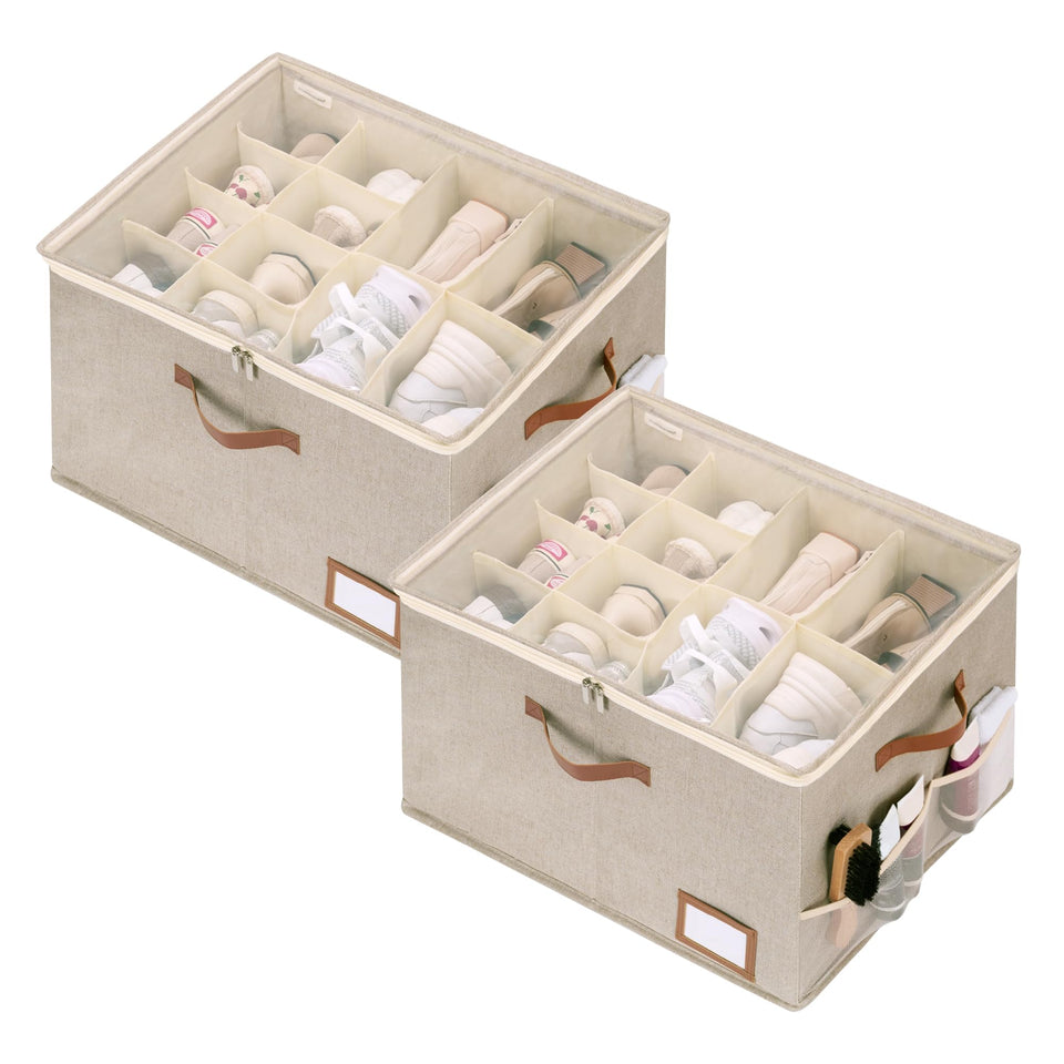 StorageWorks shoe organizer in closet with clear lid for dust protection and easy access