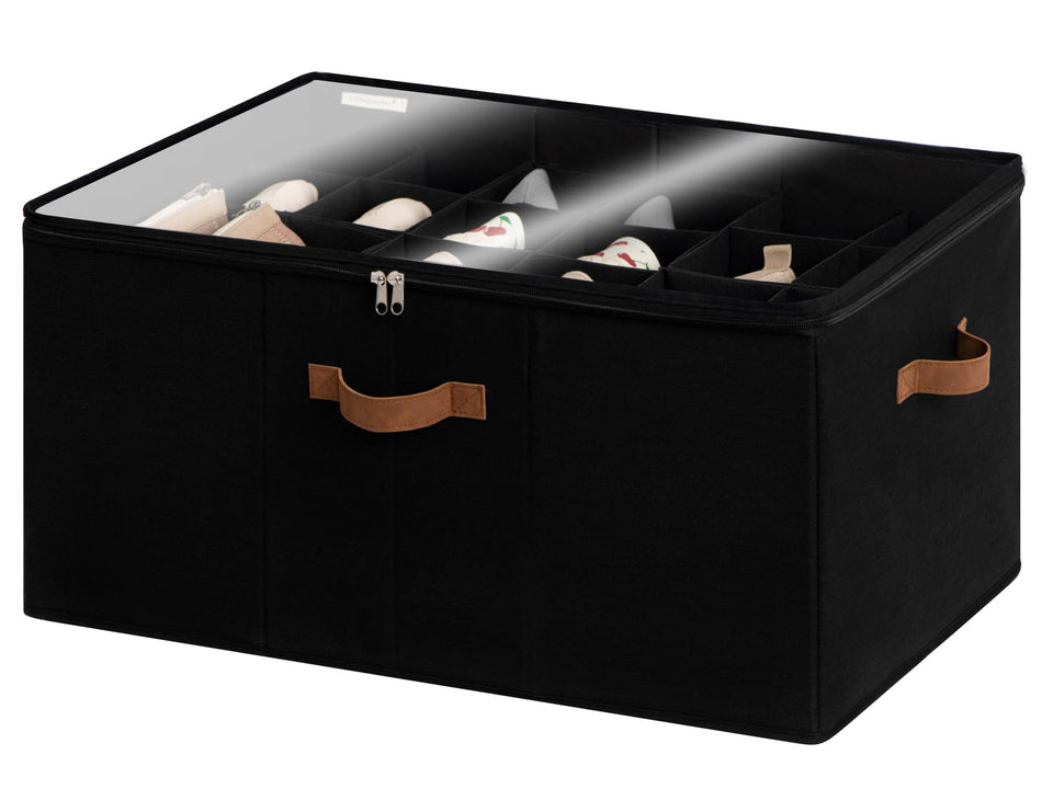 StorageWorks shoe organizer in closet with lid for easy viewing.