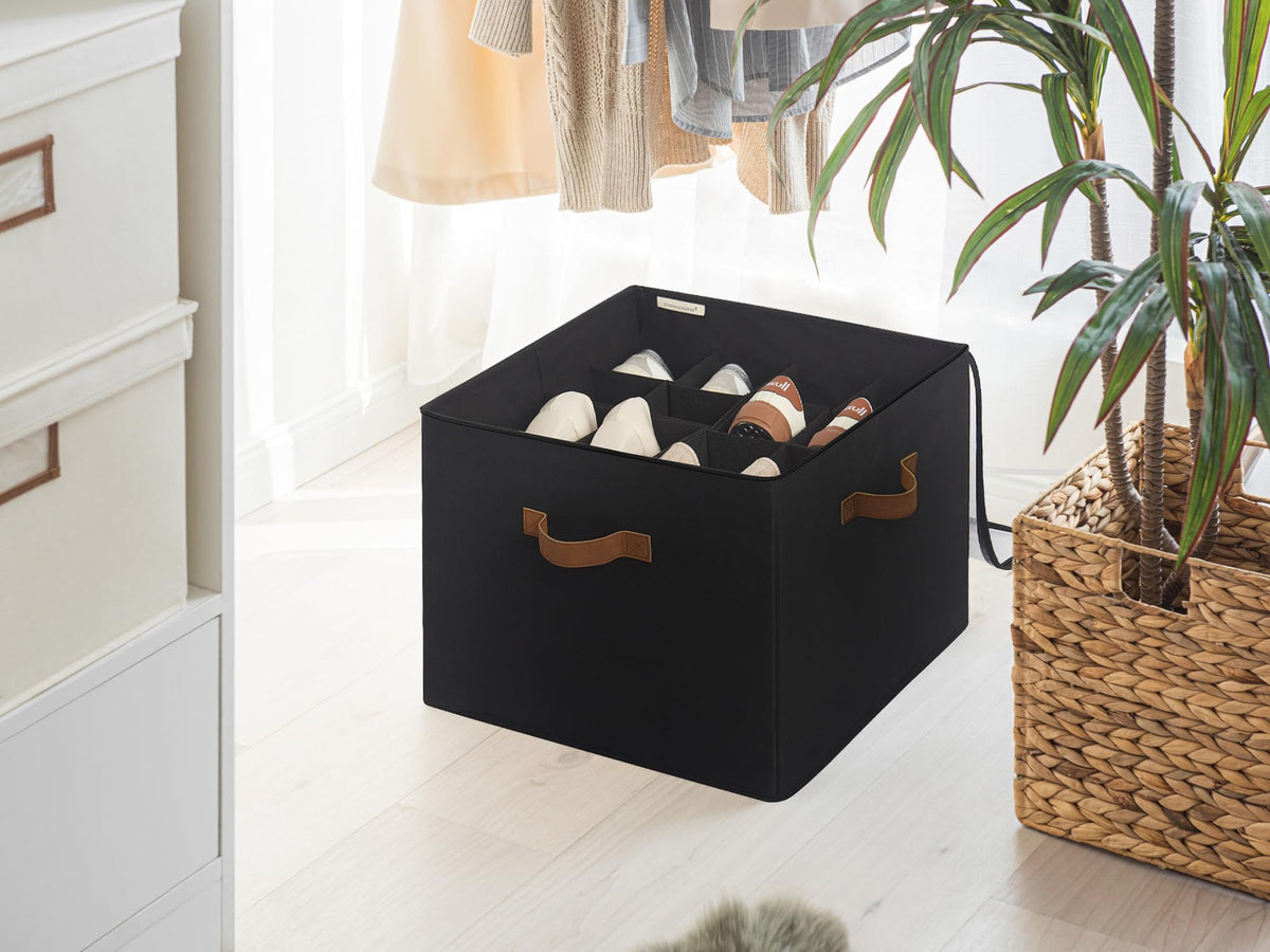 StorageWorks shoe organizer compact and stackable for attic, basement, or dorm storage.