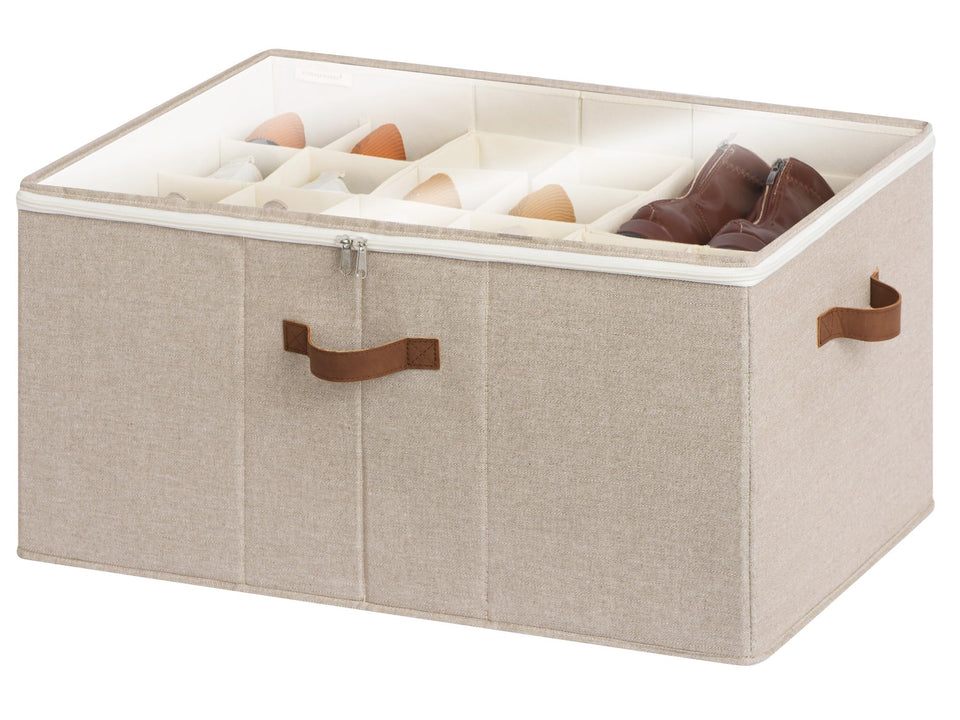 StorageWorks shoe organizer in taupe with clear lid for quick visibility