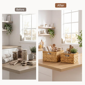 StorageWorks small wicker basket offering compact storage for toiletries or desk supplies.