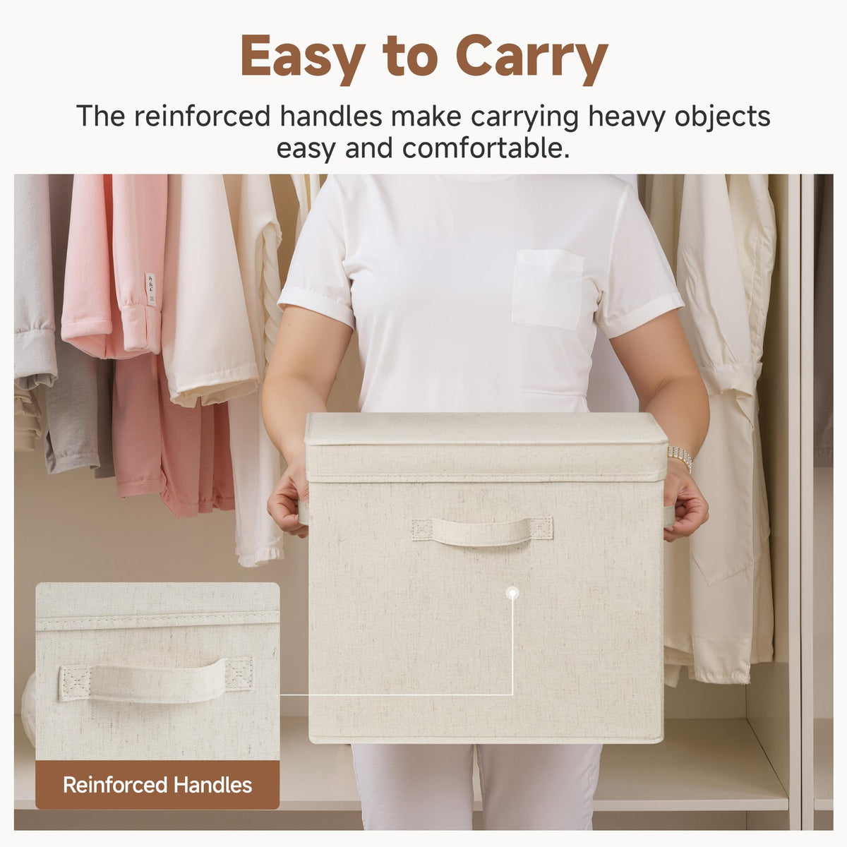 StorageWorks stackable closet organizer in beige, two sizes on a shelf