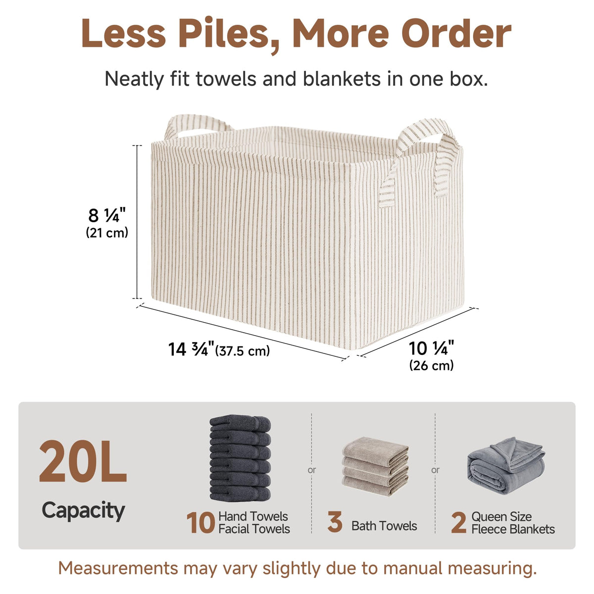 StorageWorks khaki beige striped bin adds calm color to rooms.