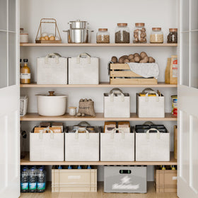 StorageWorks beige bin with reinforced handles close up highlighting easy carrying