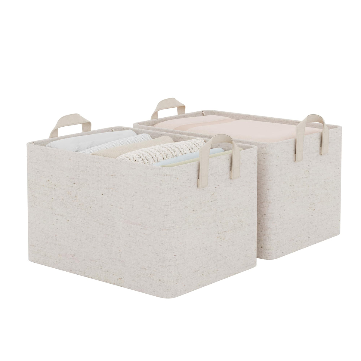 StorageWorks beige cotton linen bins with sturdy metal frame in side view for durable organization