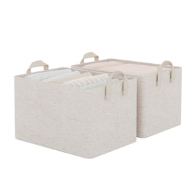 StorageWorks beige cotton linen bins with sturdy metal frame in side view for durable organization