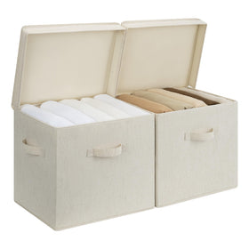 StorageWorks storage bin with lid in beige showcases concealed storage on a shelf