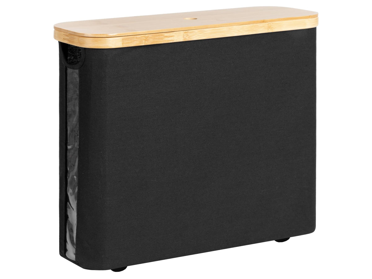 StorageWorks toilet paper basket with bamboo lid holds up to 9 mega rolls for organized bathrooms.