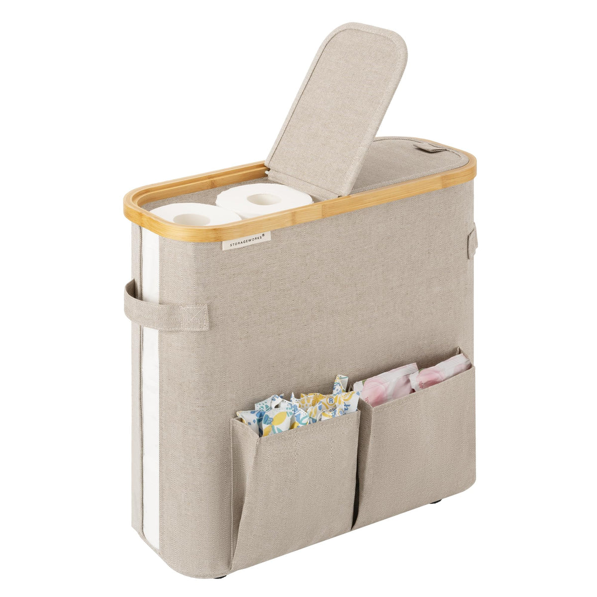 StorageWorks dual flip lids basket view showing concealed toilet paper storage for easy access