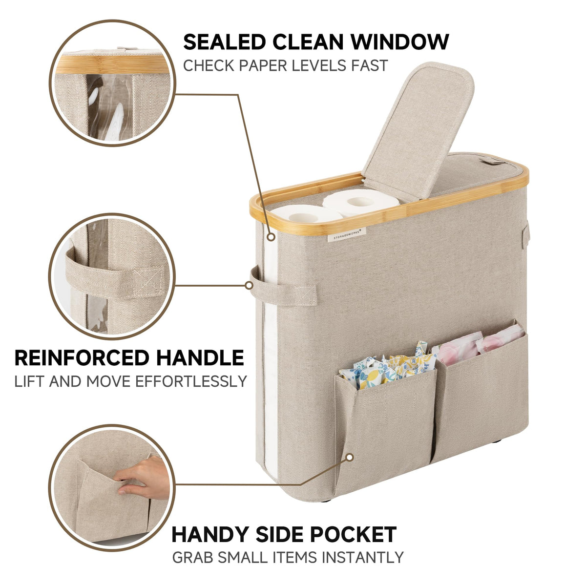 StorageWorks elevated foot base keeps paper dry in humid bathrooms