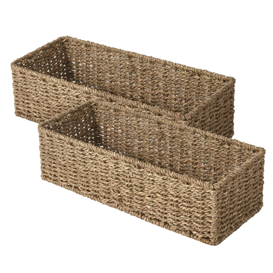 StorageWorks toilet-tank-basket on tank with seagrass finish adds organized space.