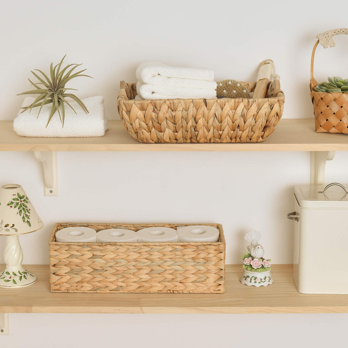 StorageWorks bathroom basket on tank top adds natural texture and function.