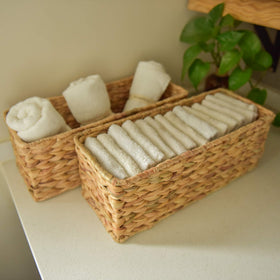 StorageWorks water hyacinth basket blends with décor while organizing essentials.