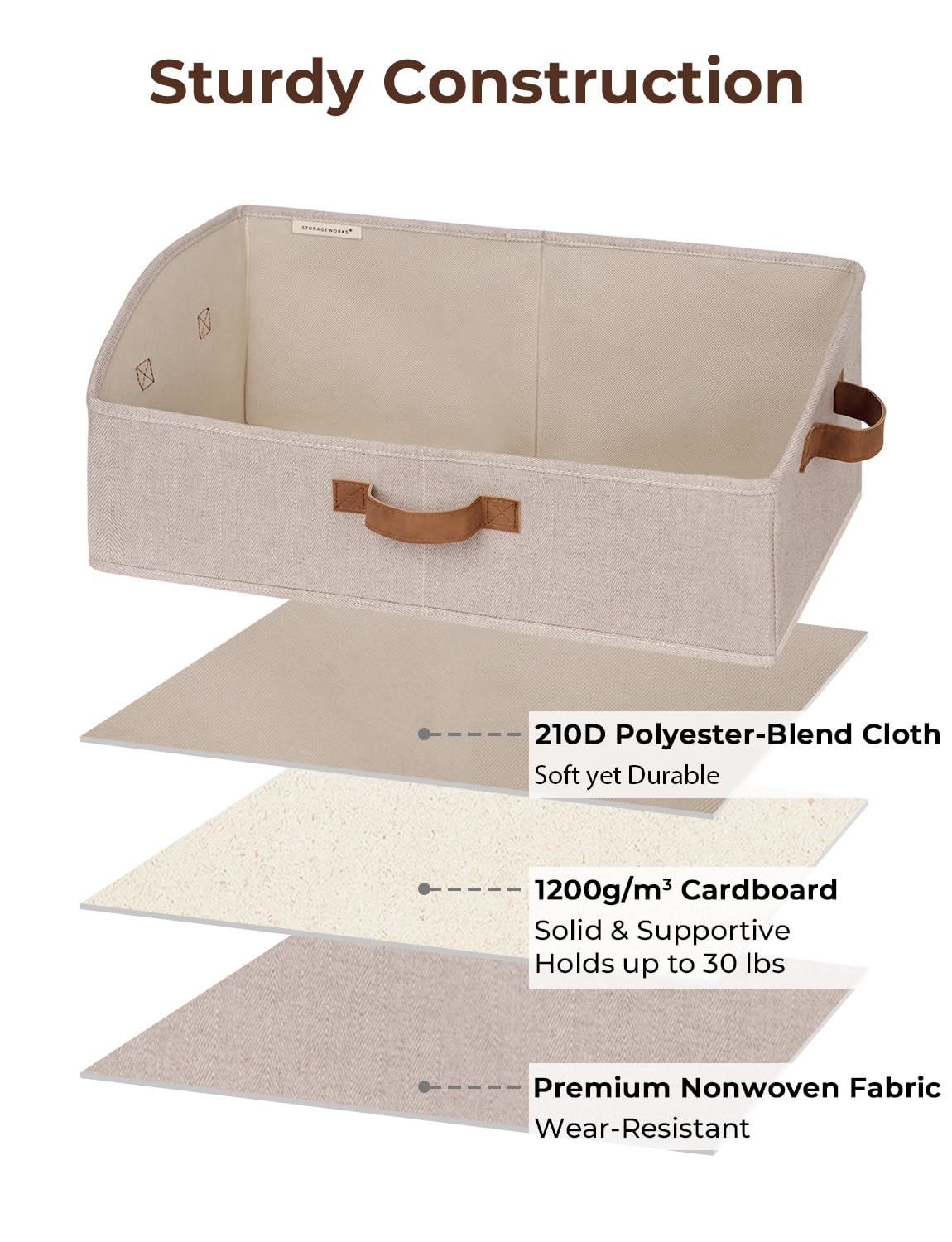 StorageWorks trapezoid bin enhances bedroom and living room organization.