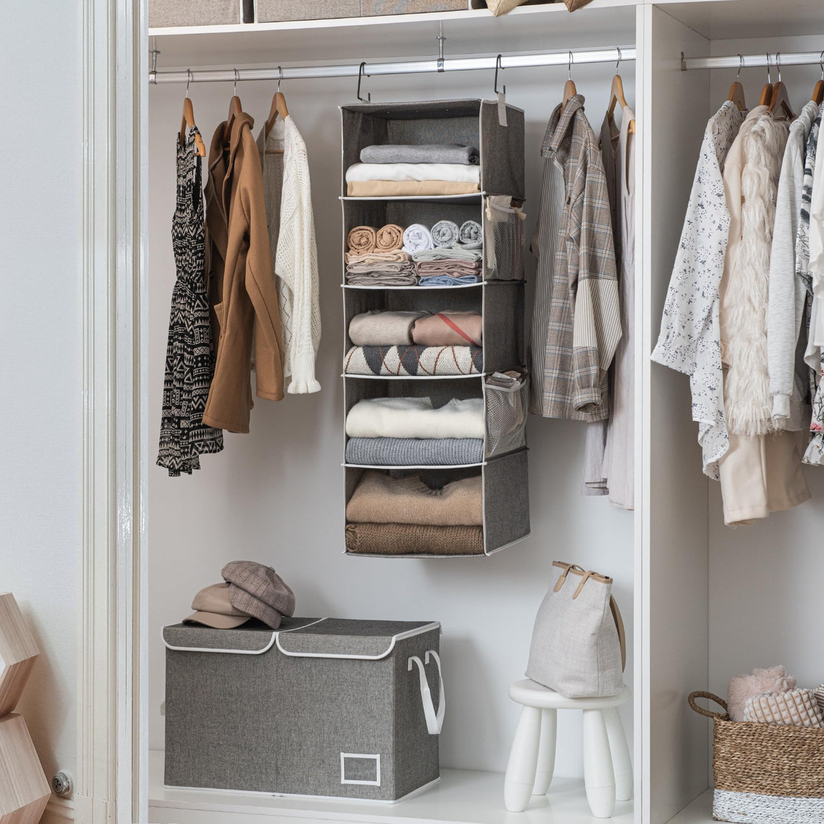 StorageWorks includes two durable hooks to fit most closet rods.