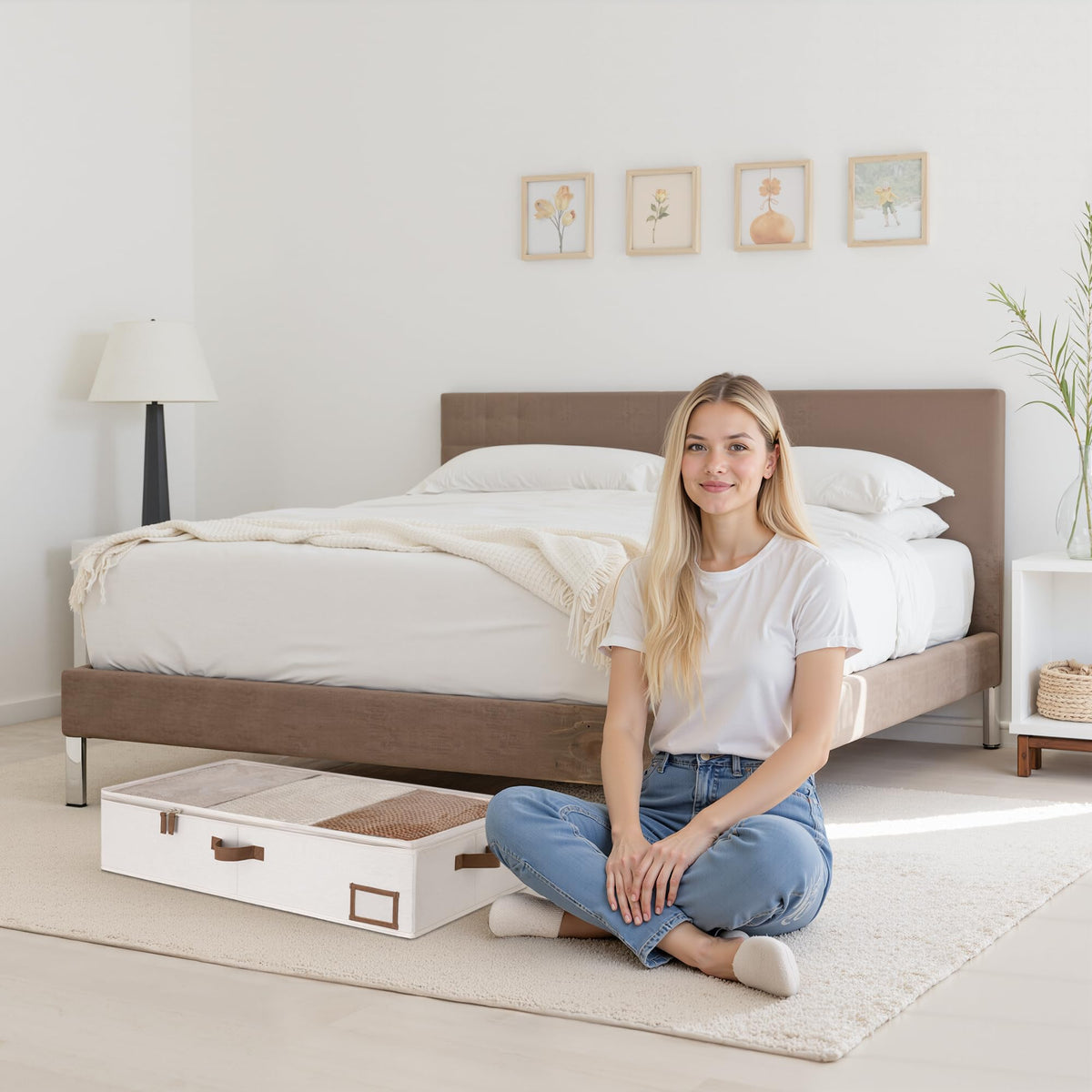 StorageWorks under-bed bin three side handles for easy carrying.