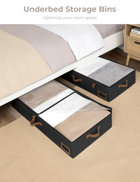 StorageWorks under-bed storage bin with label holder for organized closet items.