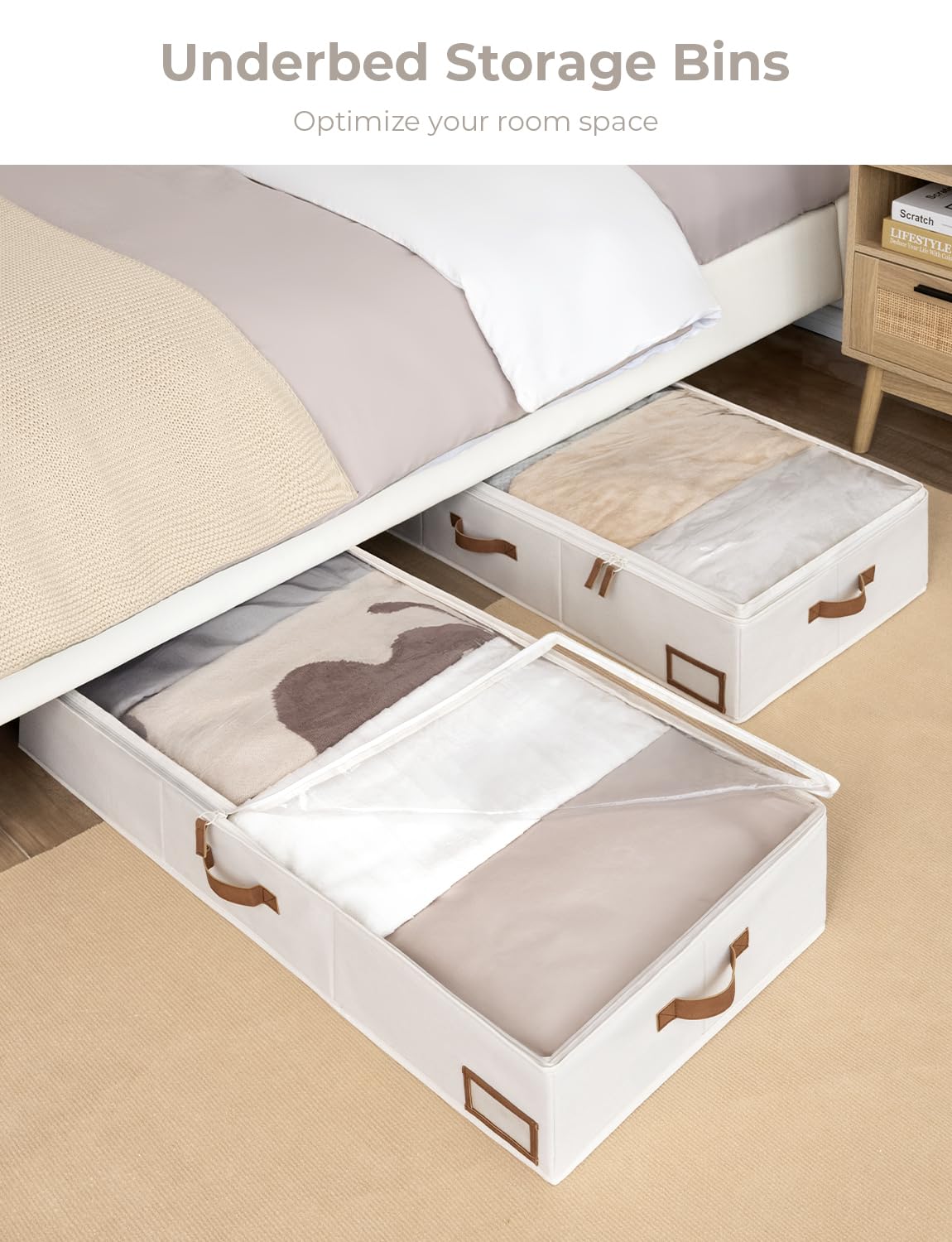 StorageWorks under-bed bin three-side handles enable easy carrying.