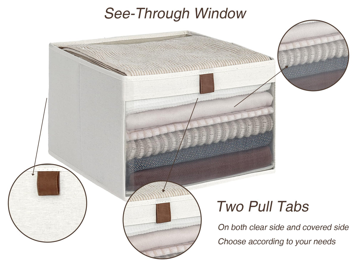 StorageWorks beige fabric bins on shelves keep items visible and neatly organized.