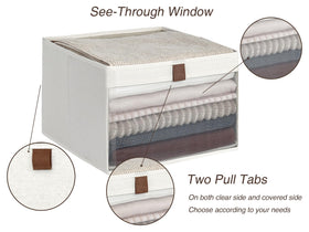 StorageWorks beige fabric bins on shelves keep items visible and neatly organized.