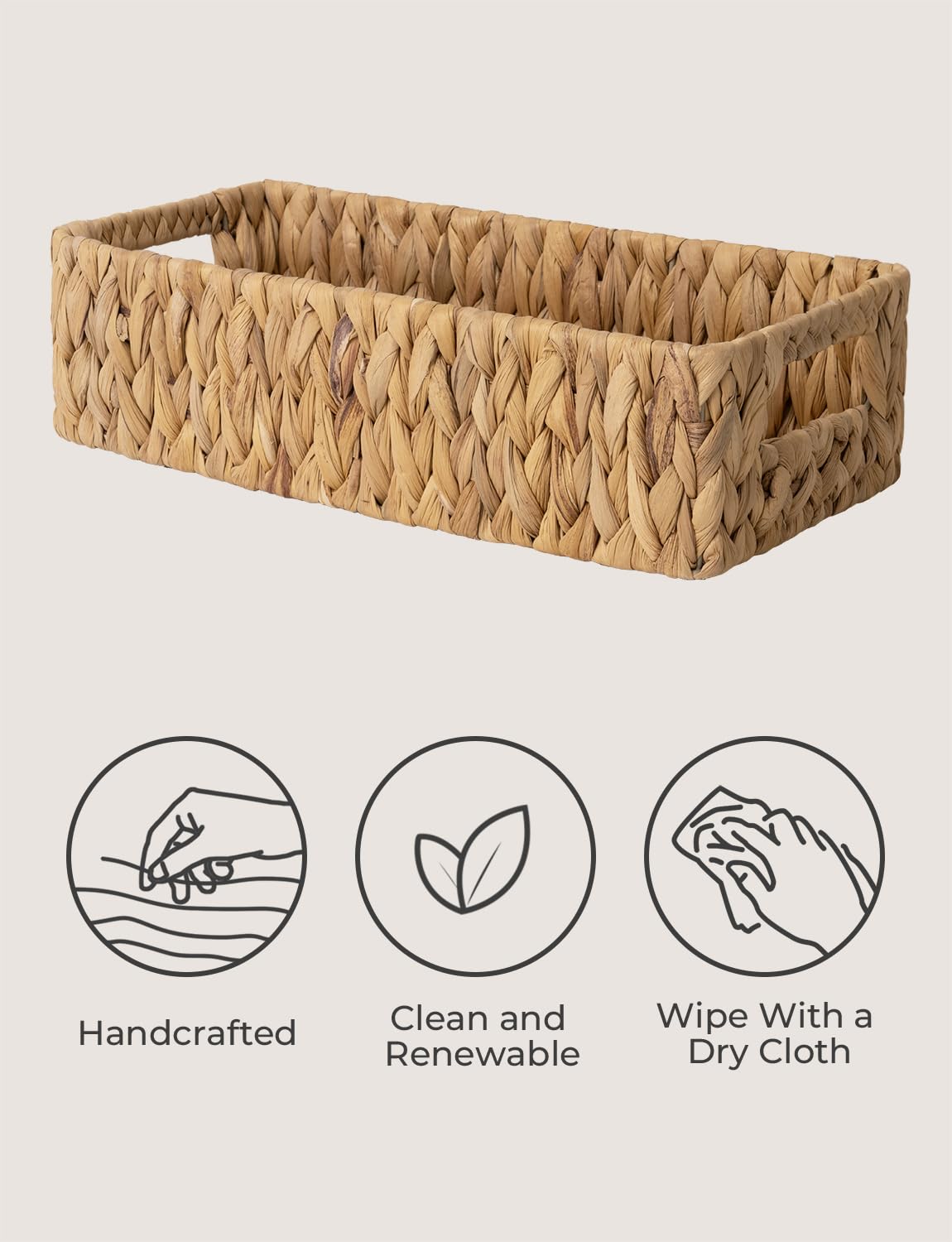 StorageWorks water hyacinth basket stores toiletries and towels.