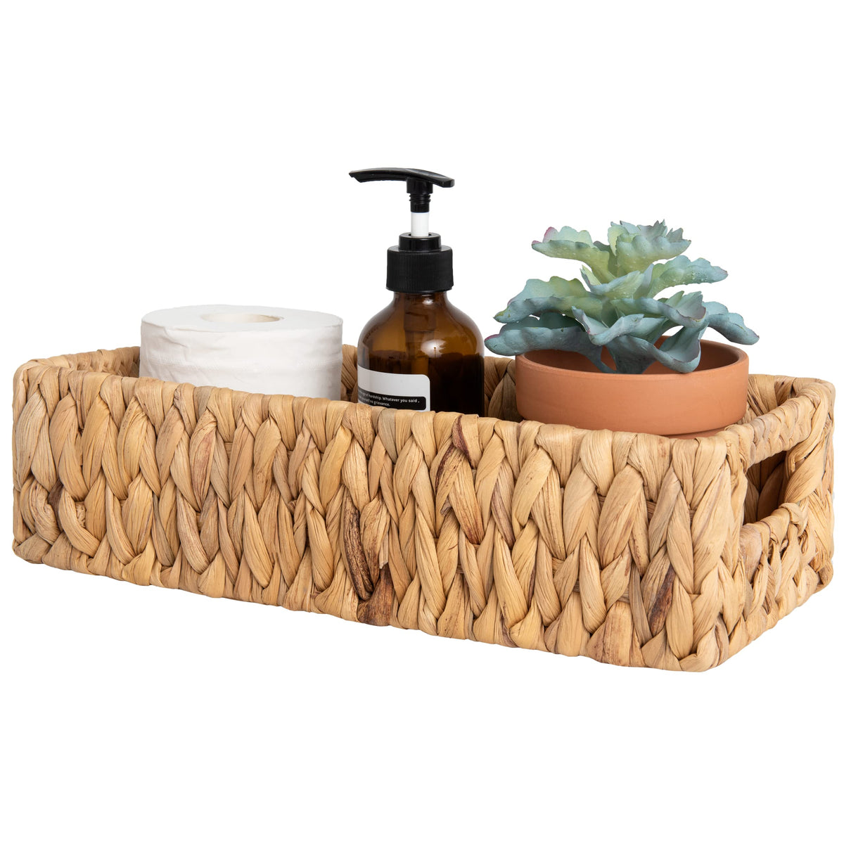 StorageWorks water hyacinth basket for toilet paper keeps essentials handy.