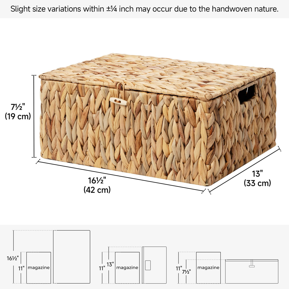 Closeup of StorageWorks wicker basket built-in handles for easy shelf pull-out
