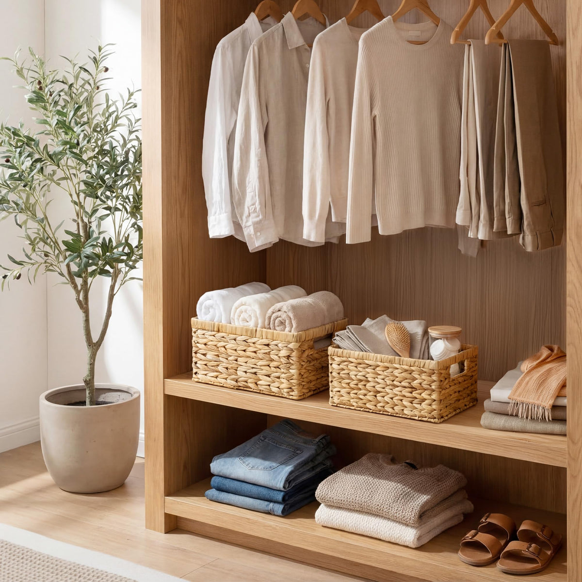 StorageWorks basket inside closet for folded clothes and accessories.