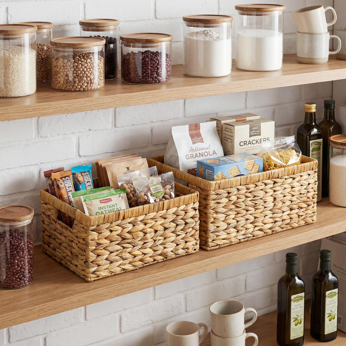 StorageWorks wicker basket in kitchen for neatly storing towels or snacks.