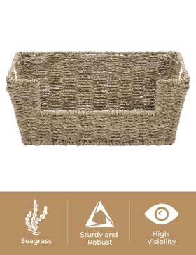 StorageWorks wicker basket holds spices and cans with a compact, stackable design.