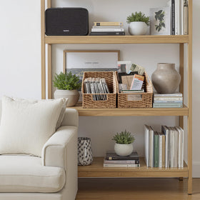 StorageWorks wicker basket orange enhances shelf organization and style.