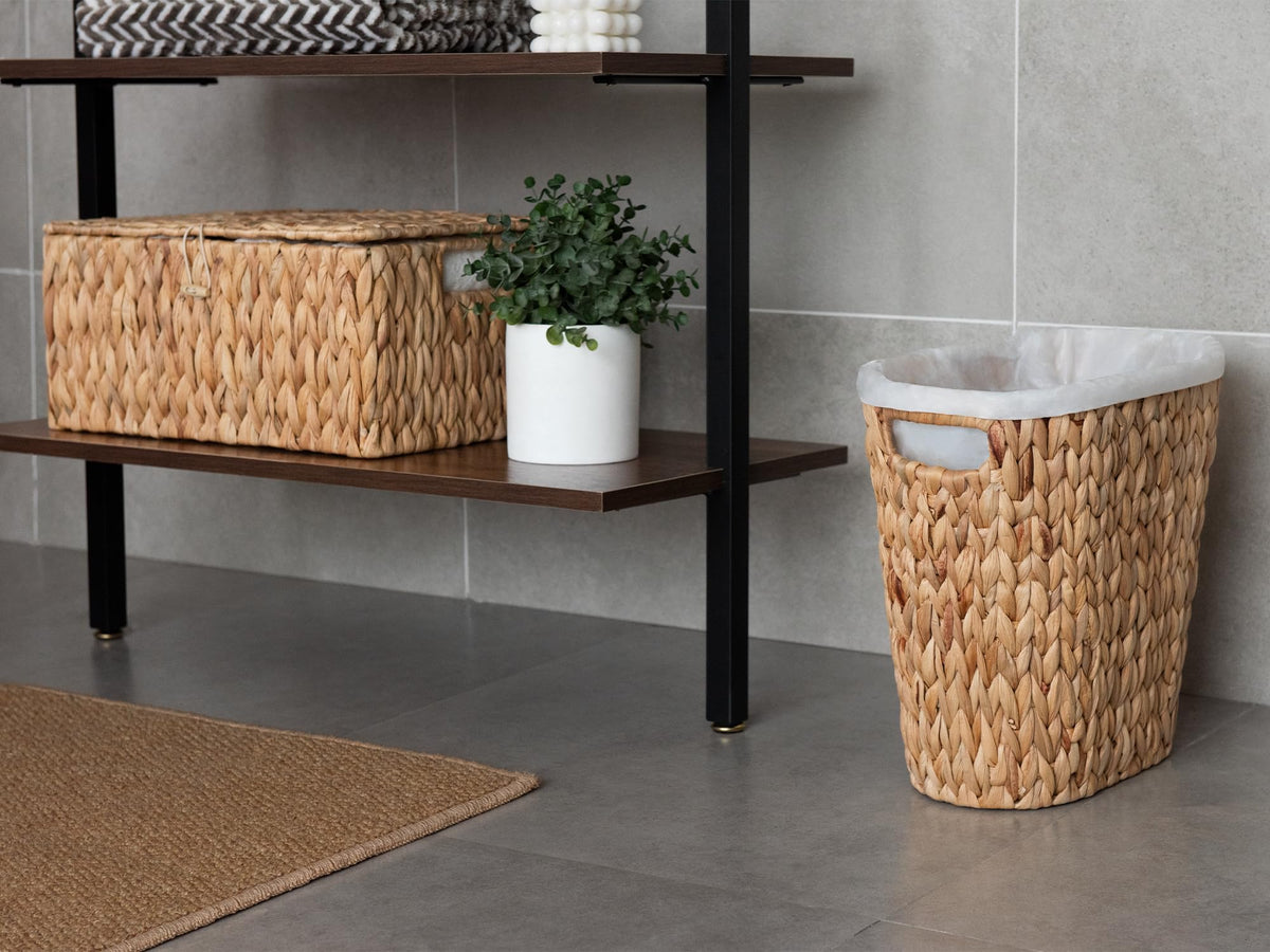StorageWorks Wicker Waste Basket measures 13L x 7.5W x 12.25H for compact spaces.