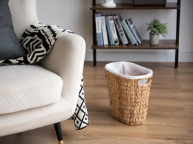 StorageWorks Wicker Waste Basket with wooden handles for easy carrying.