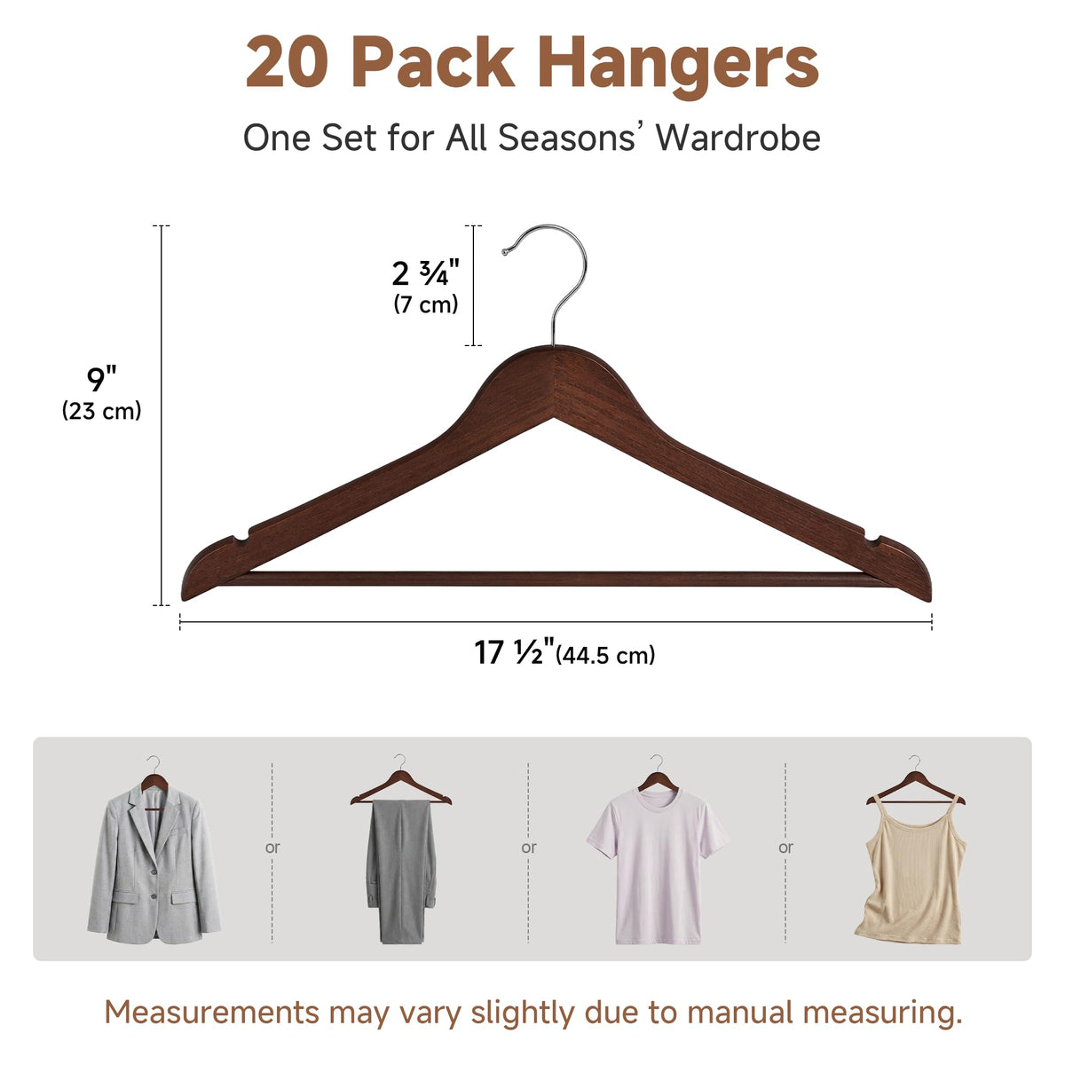 StorageWorks wooden hanger with contoured shoulders preserves garment shape.