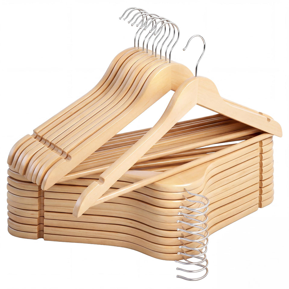 StorageWorks wooden hangers 20 pack provide sturdy support for heavy garments in a tidy closet.