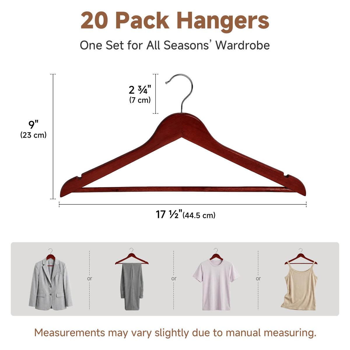 StorageWorks wooden hangers with contoured shoulders prevent creasing and maintain shape.