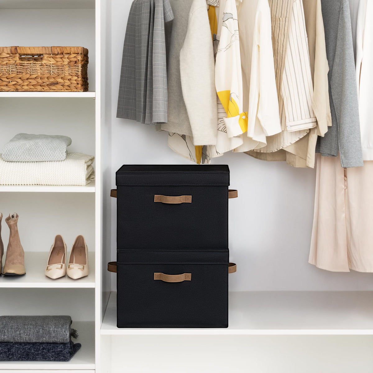 StorageWorks 40L capacity decorative bin holding winter accessories or books.