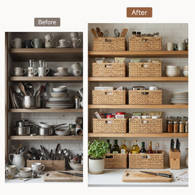 StorageWorks water hyacinth basket in living room for organizing essentials