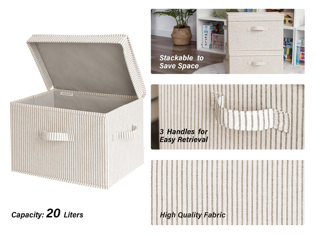 StorageWorks decorative storage bins stacked, demonstrating space-saving stackability.