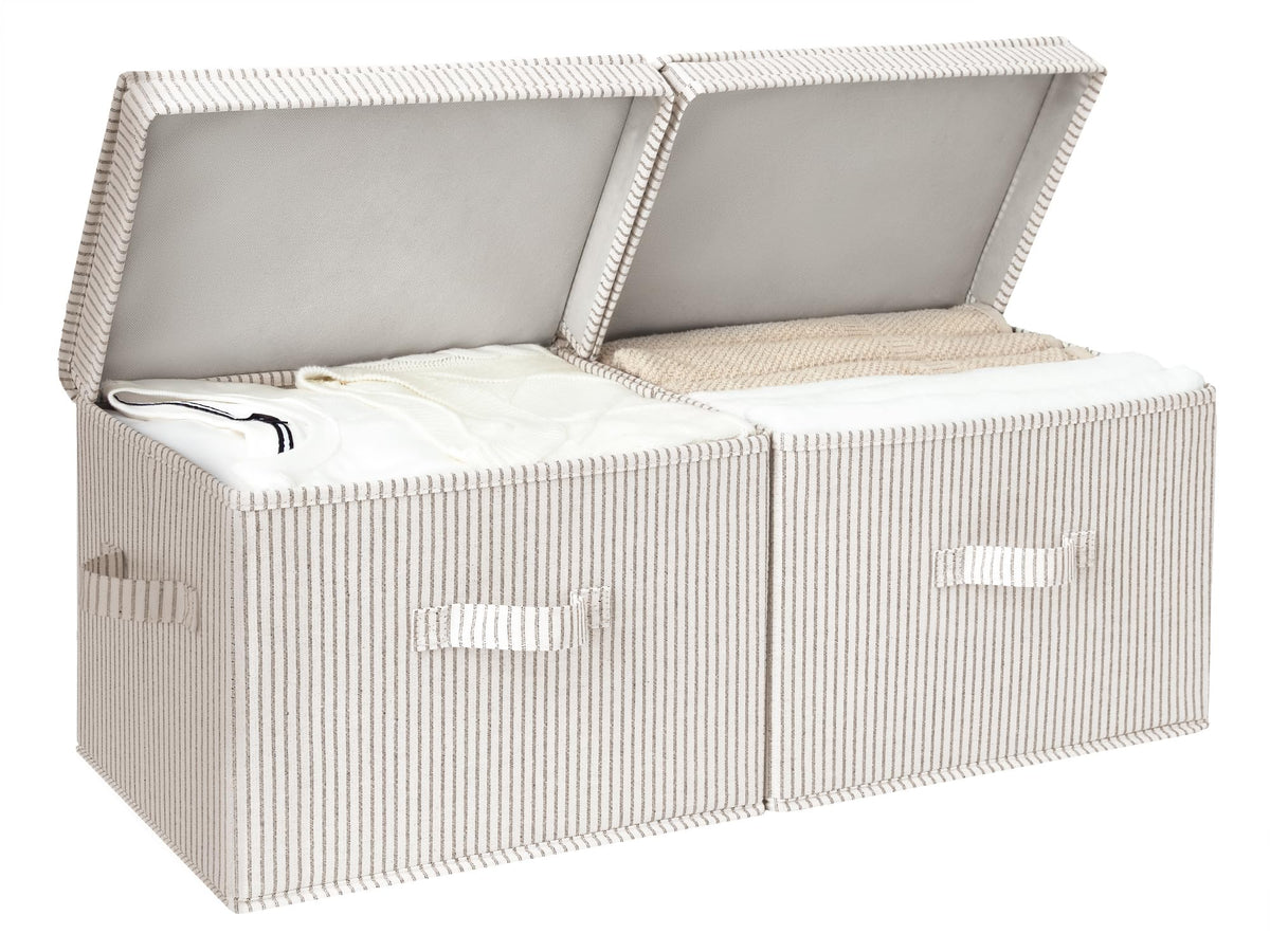 StorageWorks fabric storage bins with lid, front view, easy access and dust protection.