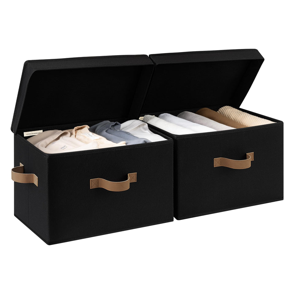 StorageWorks fabric storage bins with flip-top lid for easy access and dust protection.