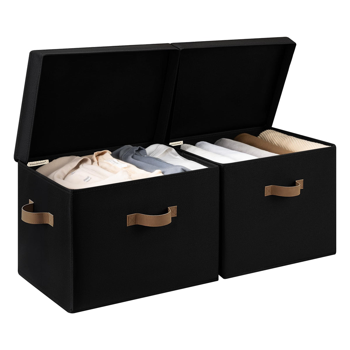 StorageWorks fabric storage bin with lid on a shelf, stylish and dust-protective.