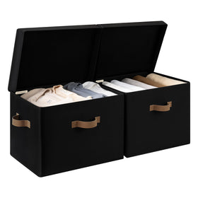 StorageWorks fabric storage bin with lid on a shelf, stylish and dust-protective.
