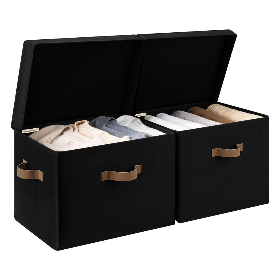 StorageWorks fabric storage bin with lid on a shelf, stylish and dust-protective.