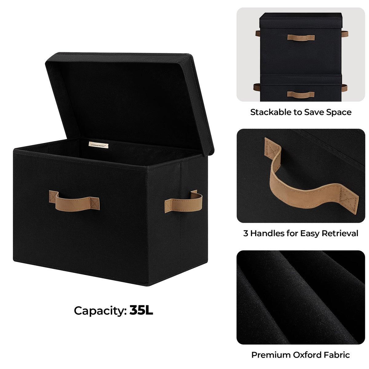 StorageWorks heavy-duty fabric bin reinforced for reliable support up to 25 lb.