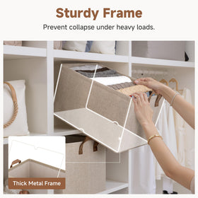 StorageWorks jumbo fabric bin on a shelf, ideal for clothes and towels.