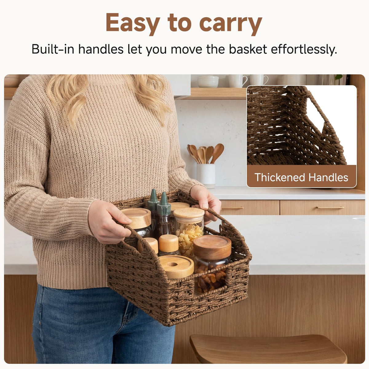 Handwoven round basket with three handles for secure, portable storage.